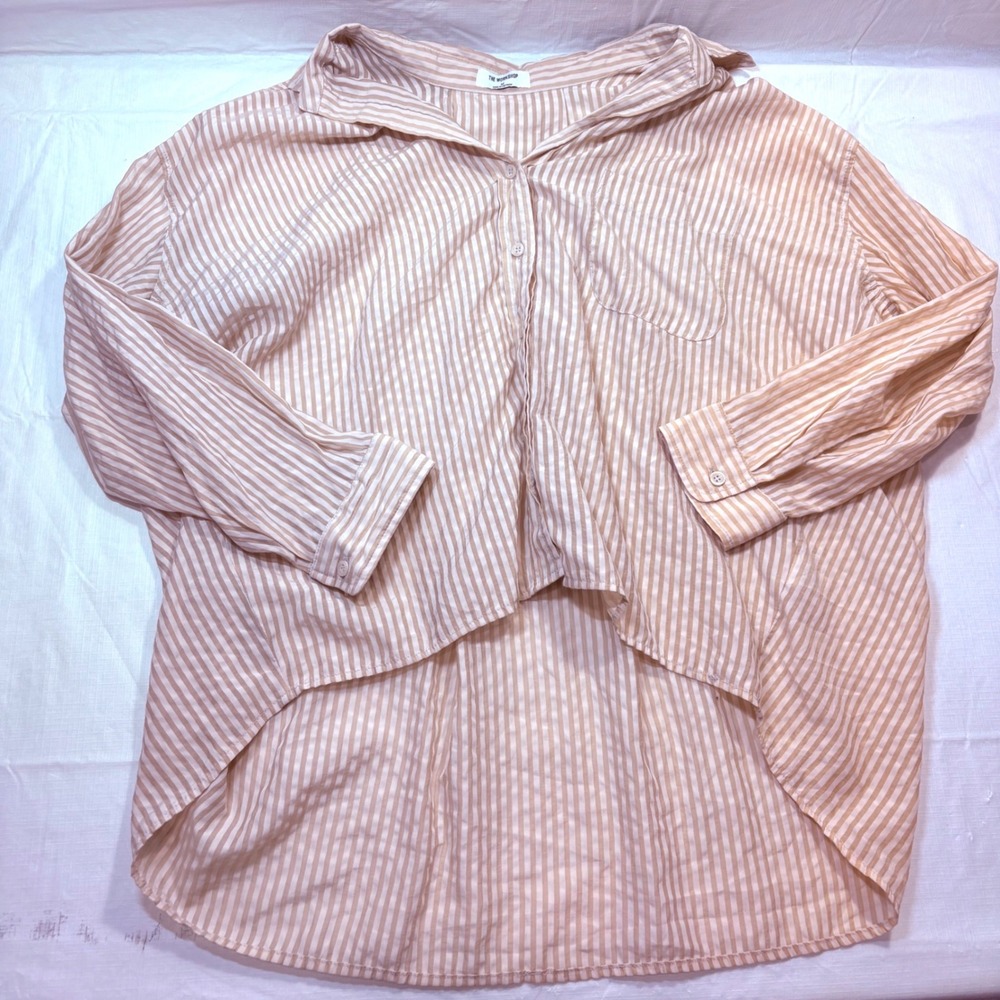 The Workshop Tan White Striped Oversized High Low Button Down Shirt Womens M